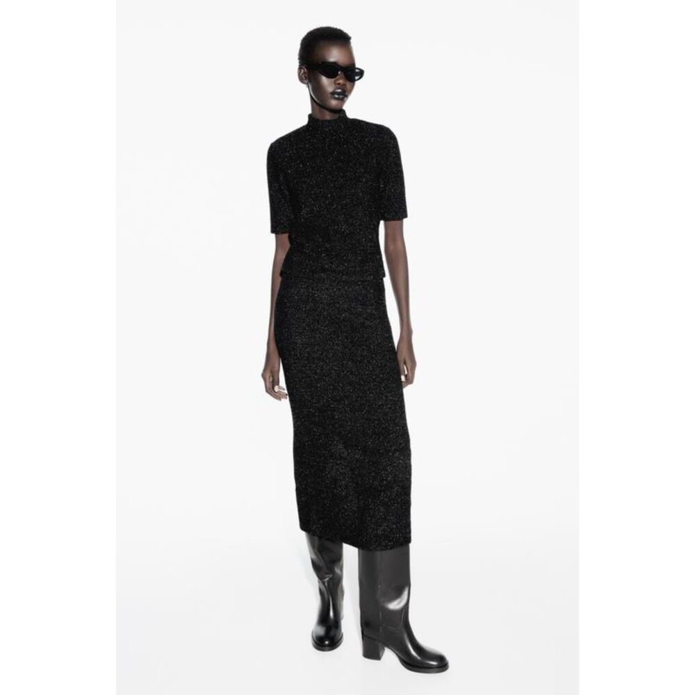 Black Zara Metallic Thread Boucle Elastic Waist Knit Pencil Midi Skirt (NWT)